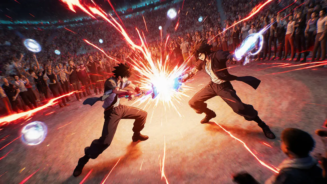 Combat PvP animé avec des avatars utilisant l’énergie du jeton AI dans une arène futuriste.