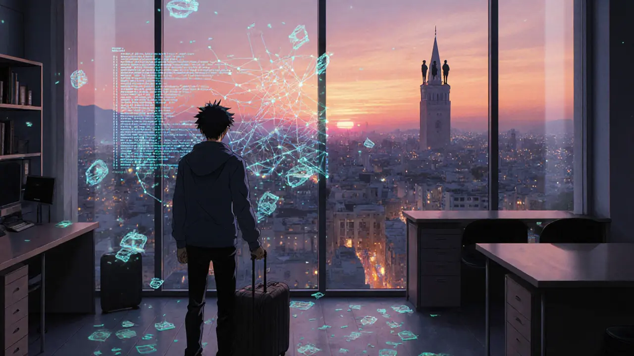 Départ d’un développeur blockchain, laboratoire vide, skyline d’Alger au crépuscule.