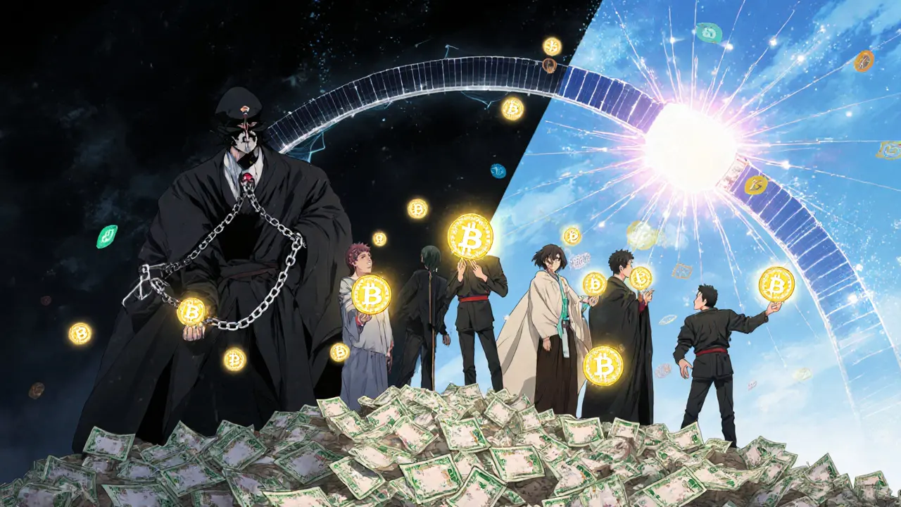 Des citoyens iraniens luttent contre un représentant du gouvernement en brandissant des jetons DAI comme des armes, sous un tunnel VPN géant.