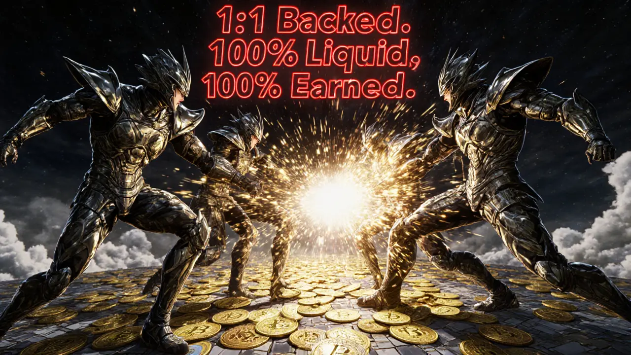 Des guerriers SolvBTC en armure Bitcoin combattent des drones WBTC sur un champ de bataille blockchain.