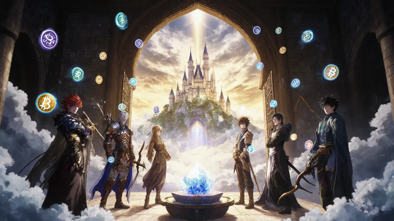 Des joueurs votent dans une salle DAO, des châteaux nouveaux émergent sous un lever de soleil magique.