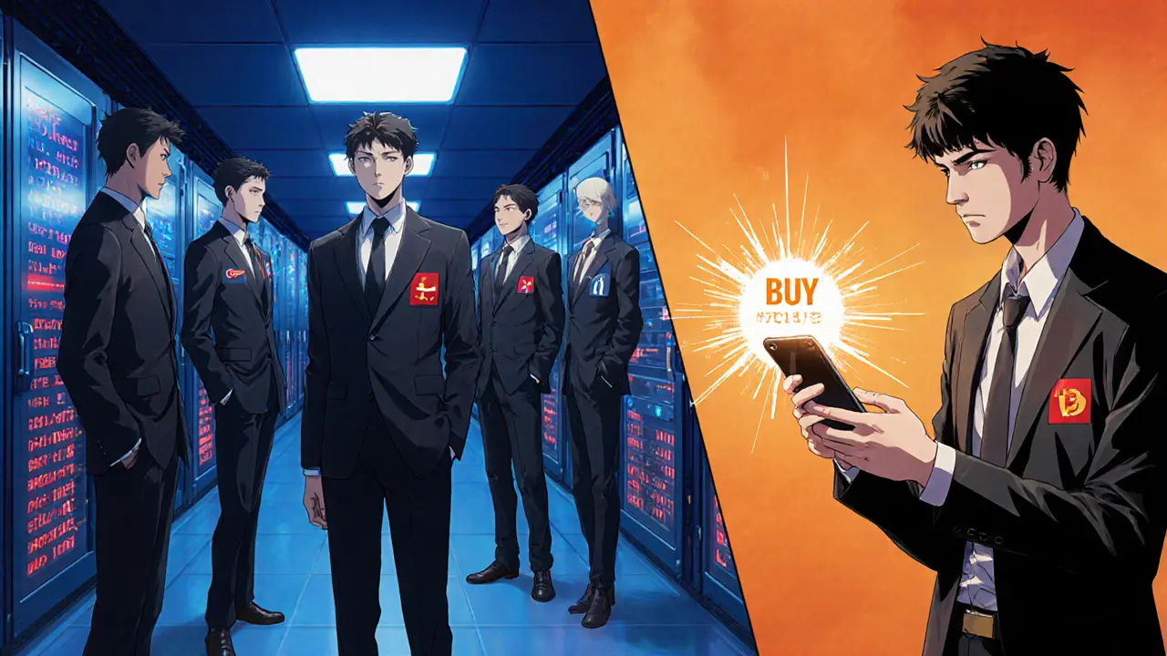 Équipe de développeurs dans un centre de serveurs sécurisé à gauche, un débutant achetant du Bitcoin sur son téléphone à droite.