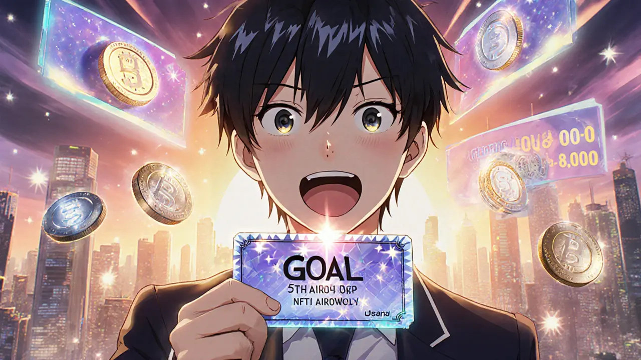Fan anime tenant un ticket NFT brillant pour le 5e airdrop, entouré de tokens.