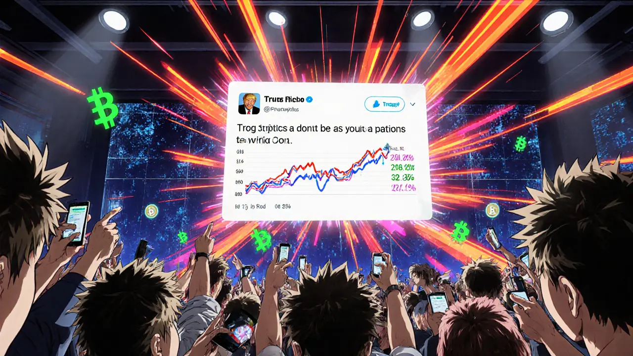 Fans de crypto en anime réagissant à un tweet de Trump et à des graphiques volatils.
