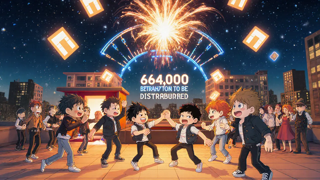 Fête sur le toit du Bit Hotel avec des joueurs dansant, un DJ et un compteur de votes géant dans le ciel.