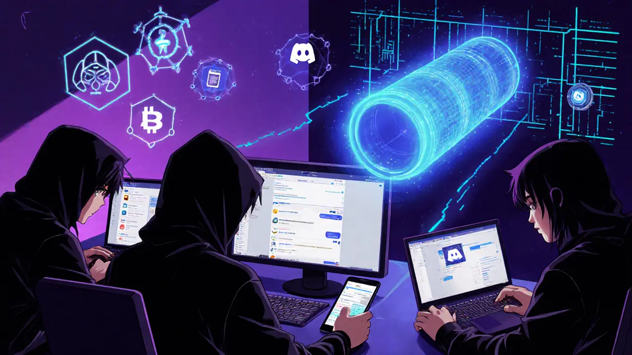 Groupe clandestin utilisant VPN et échanges P2P, ambiance sombre.