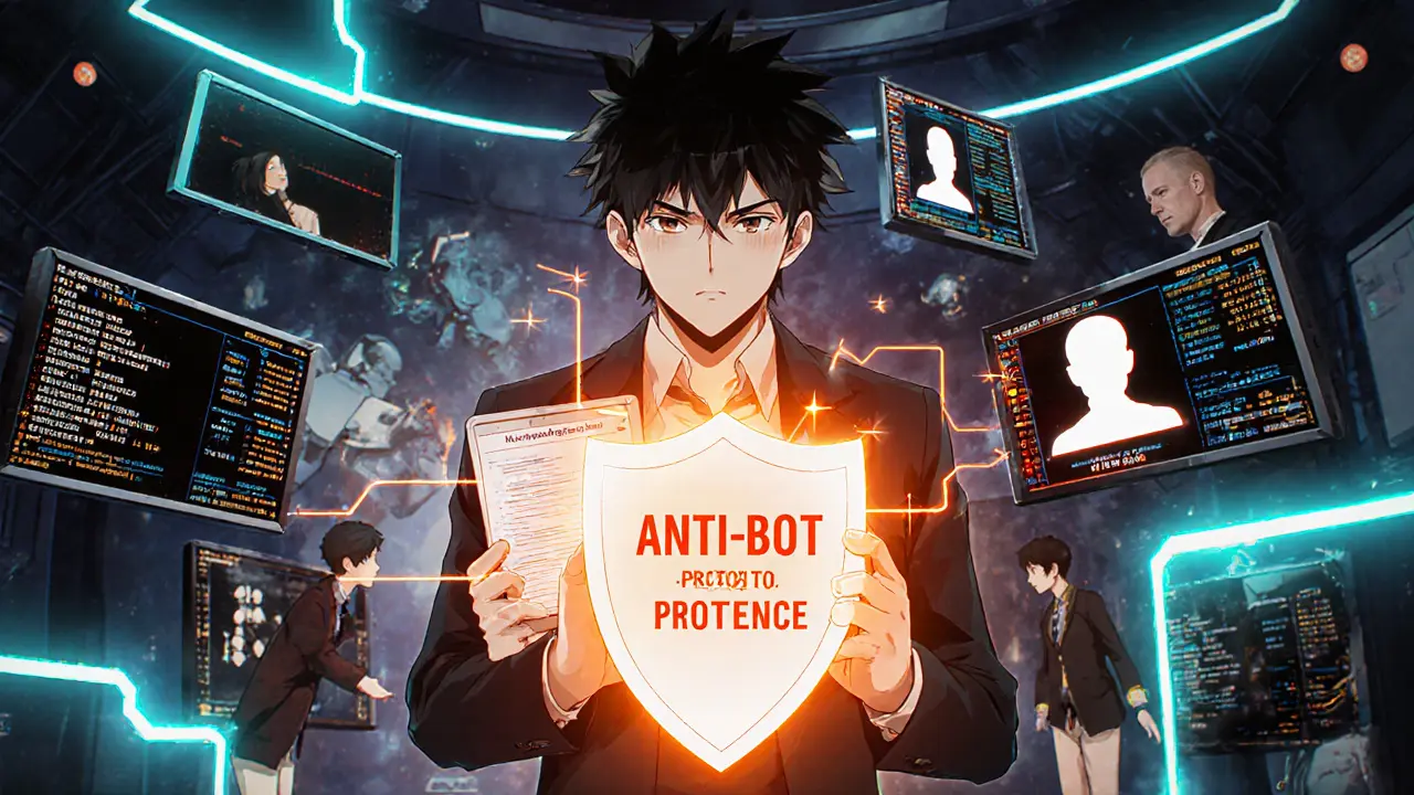 Héros dans une salle de contrôle, soumet des preuves de bots sur des écrans.