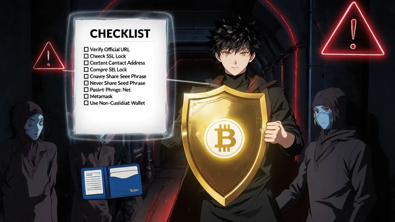 Héros protégeant son portefeuille des menaces, checklist de sécurité affichée.