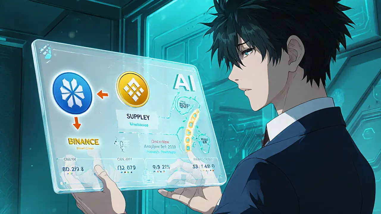 Héros shounen consultant un hologramme montrant le token AI, la chaîne BSC et PancakeSwap.