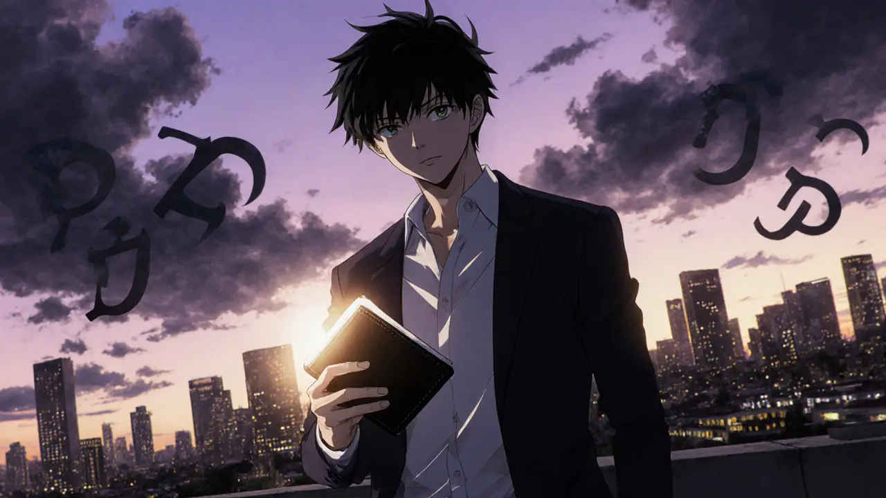 Héros sur un toit au crépuscule, tenant un portefeuille crypto, face à des menaces.