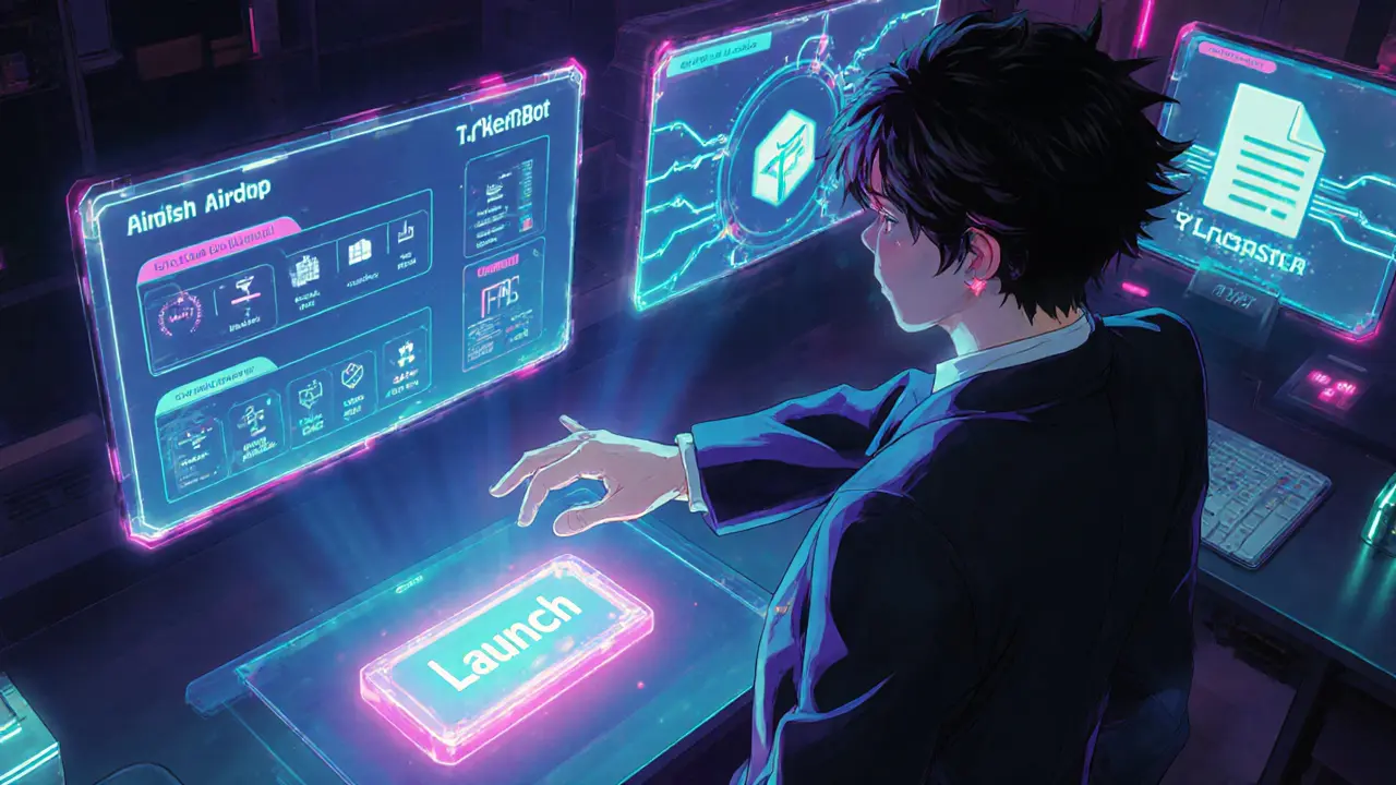 Interface anime du tableau de bord TokenBot, héros maniant des écrans holographiques d’airdrop et Farcaster.