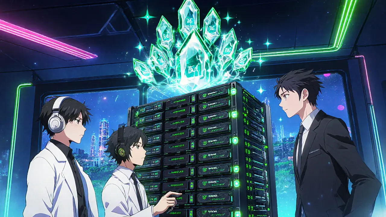 Laboratoire futuriste avec trois personnages travaillant sur un rack de GPU brillants et des cristaux DBC.