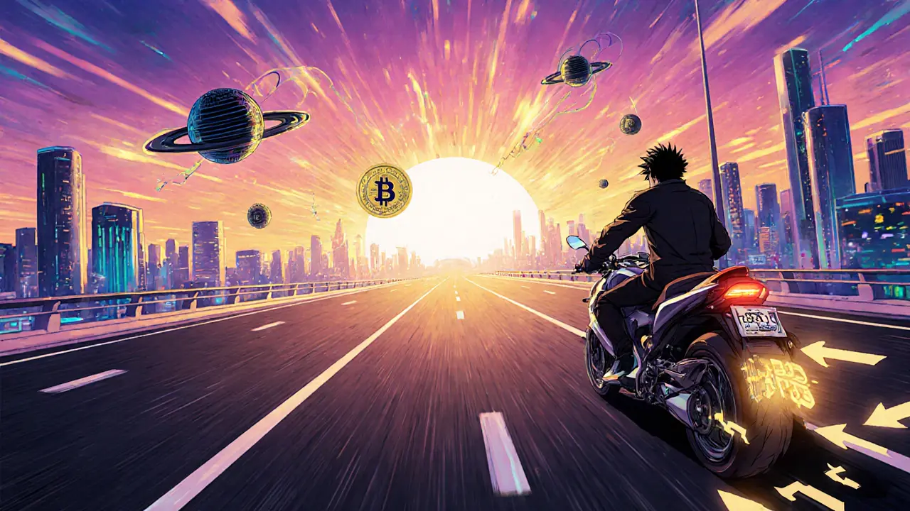 Lancement de Bitget Chain avec des BGB comme gas, prix en hausse et ville futuriste.
