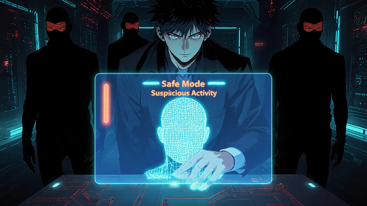 Le héros active le Safe Mode avec scanner biométrique face à des hackers en arrière‑plan.