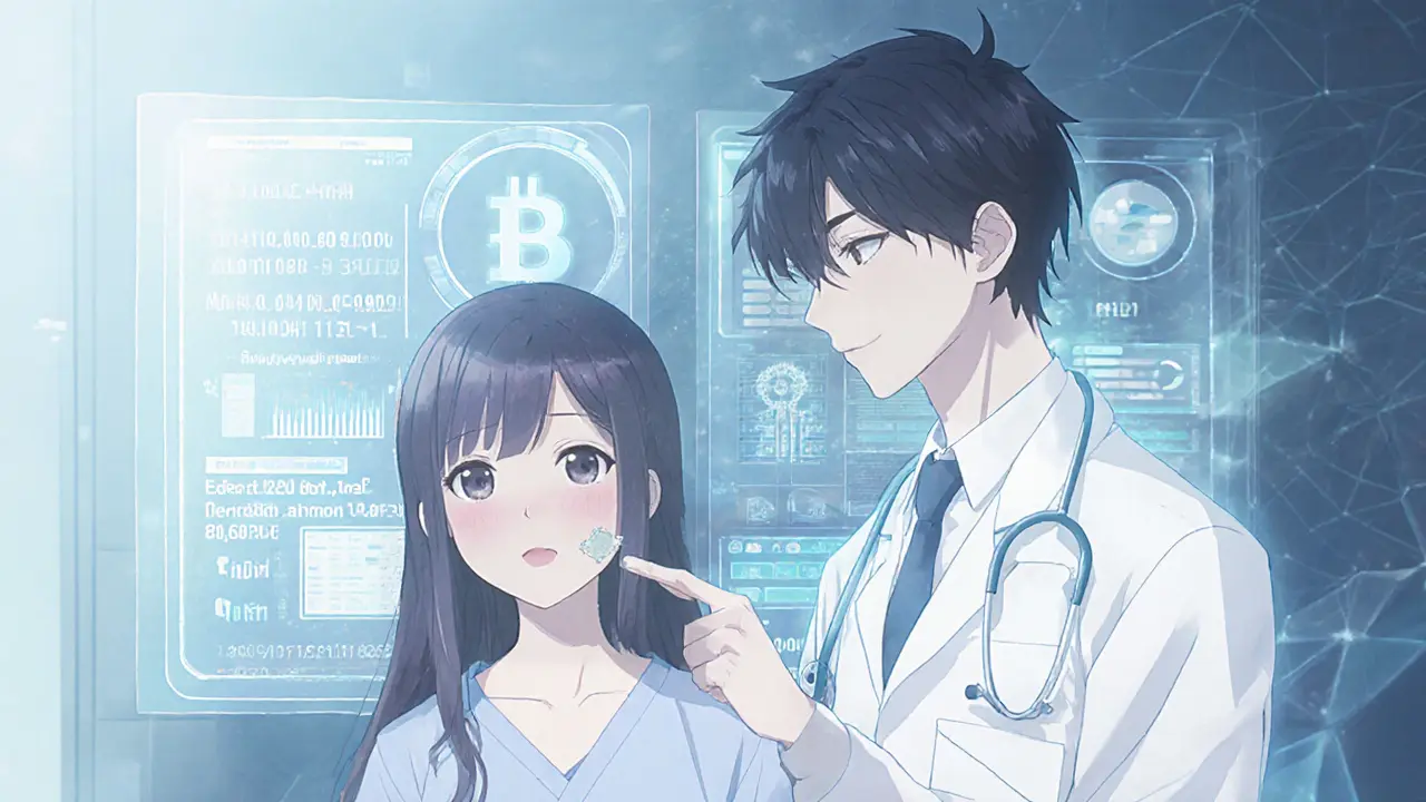 Médecin consulte dossiers médicaux holographiques avec données sélectionnées.