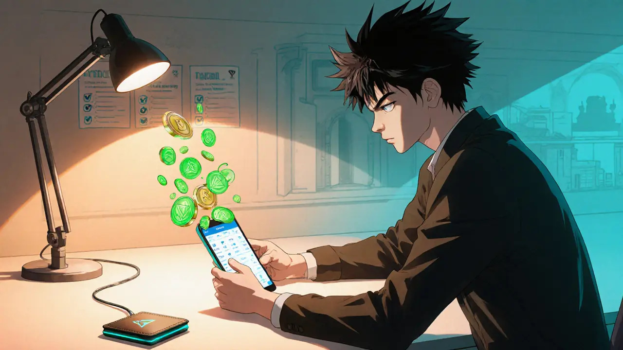 Personnage anime utilisant un portefeuille TronLink pour recevoir des tokens APENFT.