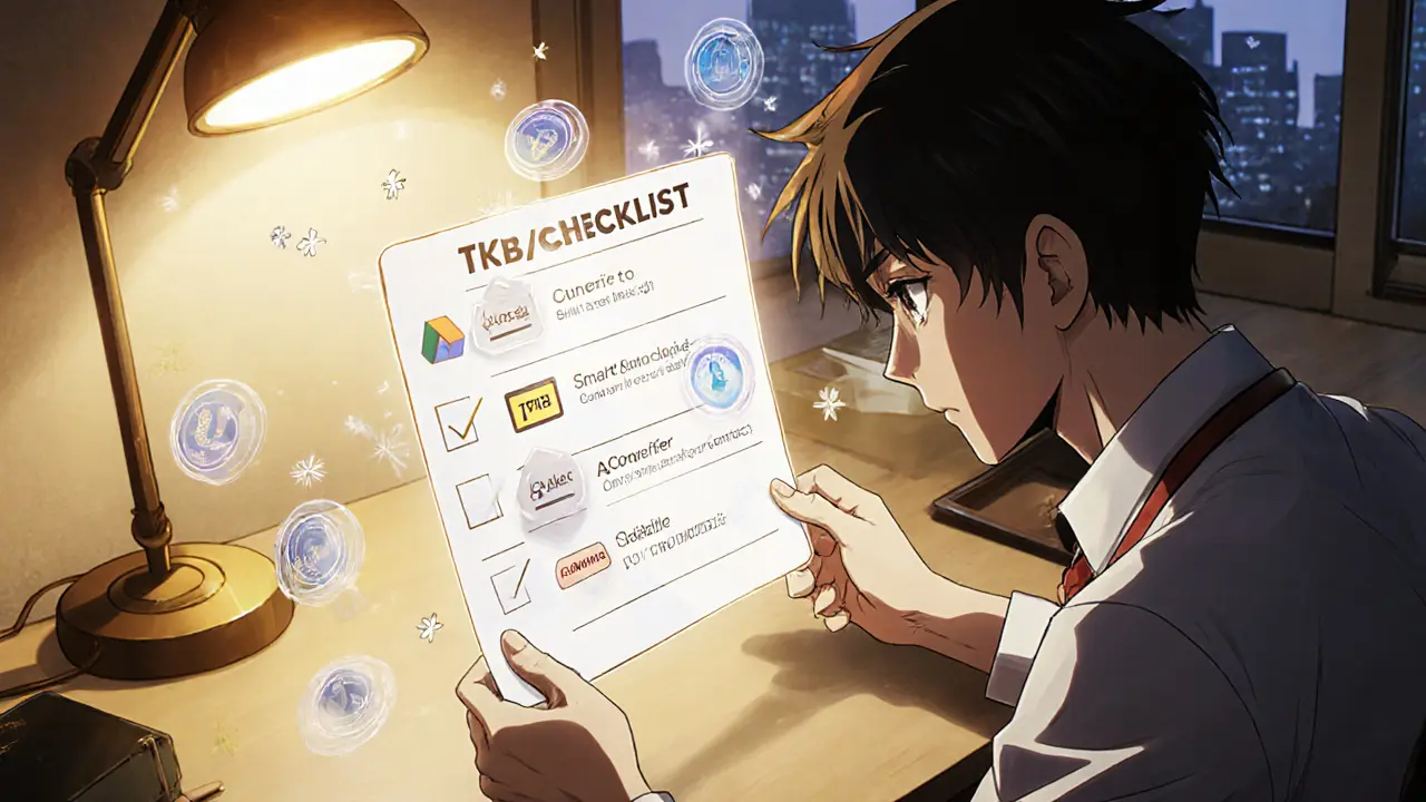 Protagoniste anime vérifie une checklist de sécurité avant de recevoir un airdrop, entouré de jetons flottants.