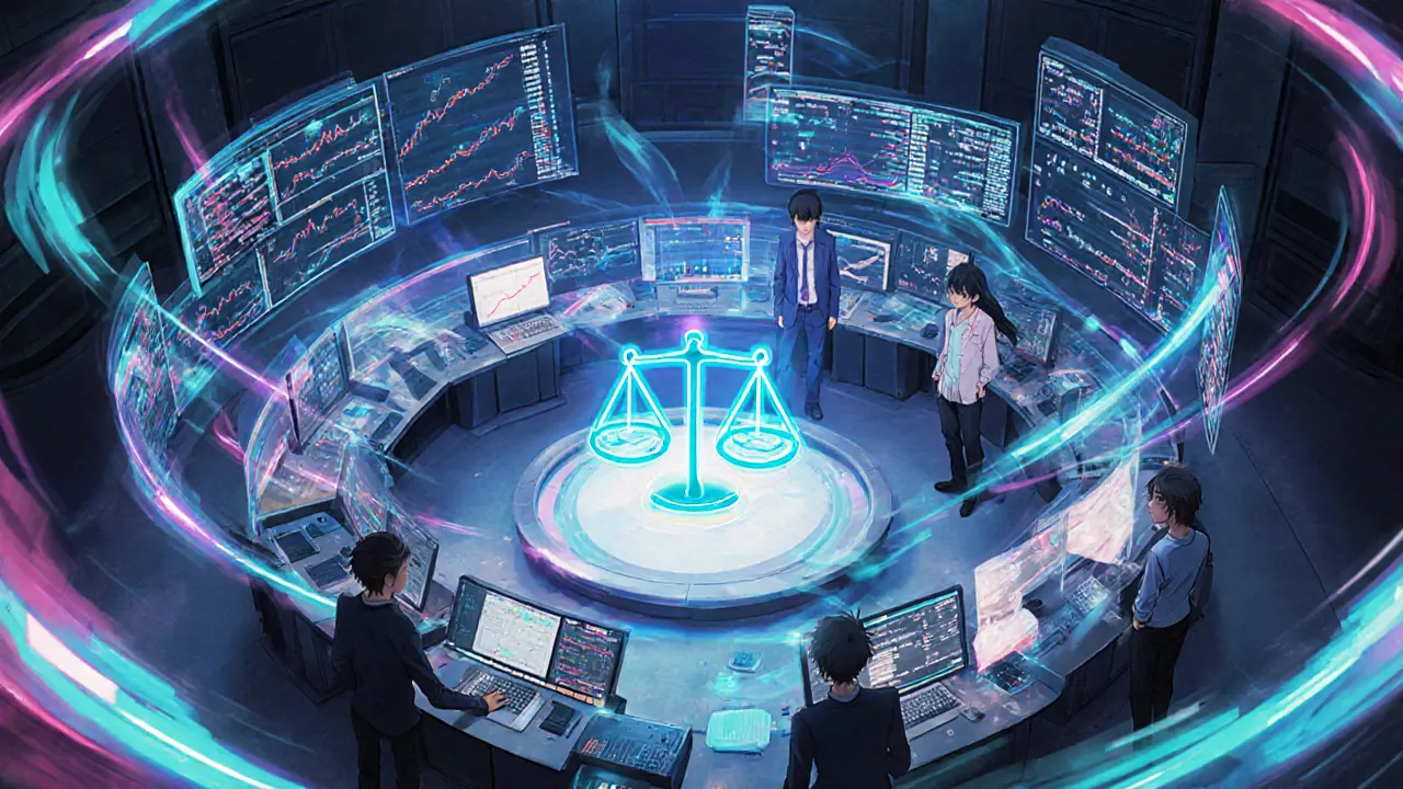 Salle de contrôle haute technologie affichant des hologrammes de l’émission et de l’arbitrage des stablecoins.