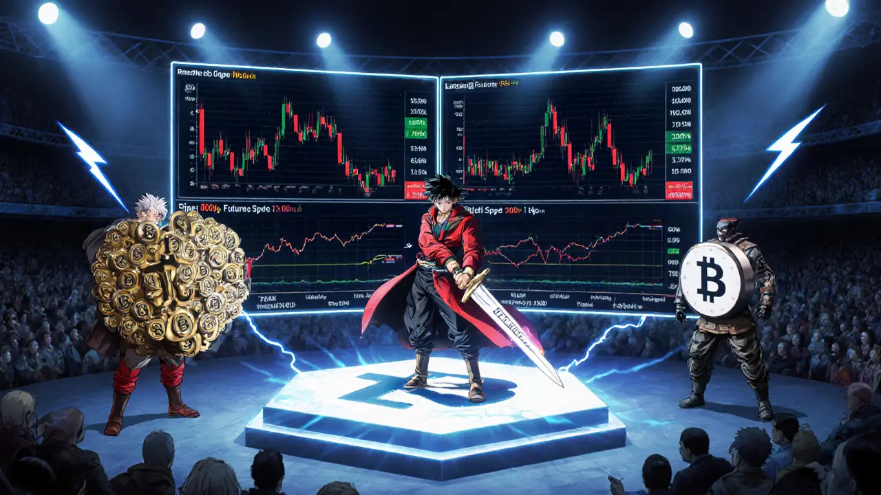 Scène de comparaison : héros BitMEX face à avatars Binance et Bybit sur arène digitale.