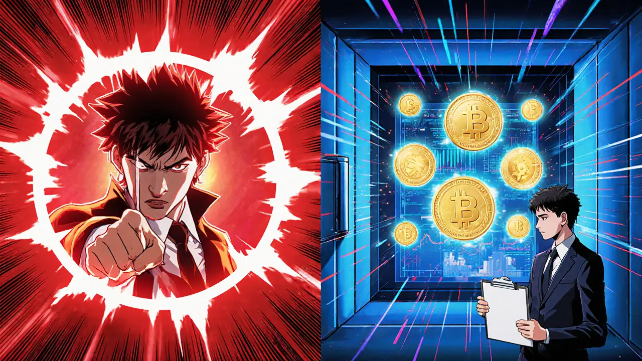 Scène divisée montrant interdiction 2019 et tokenisation d’actifs 2024.