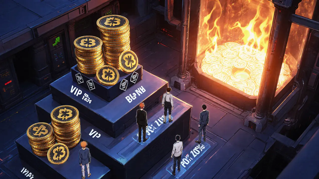 Scène montrant plusieurs niveaux VIP avec des piles de BGB et un four qui brûle des jetons.