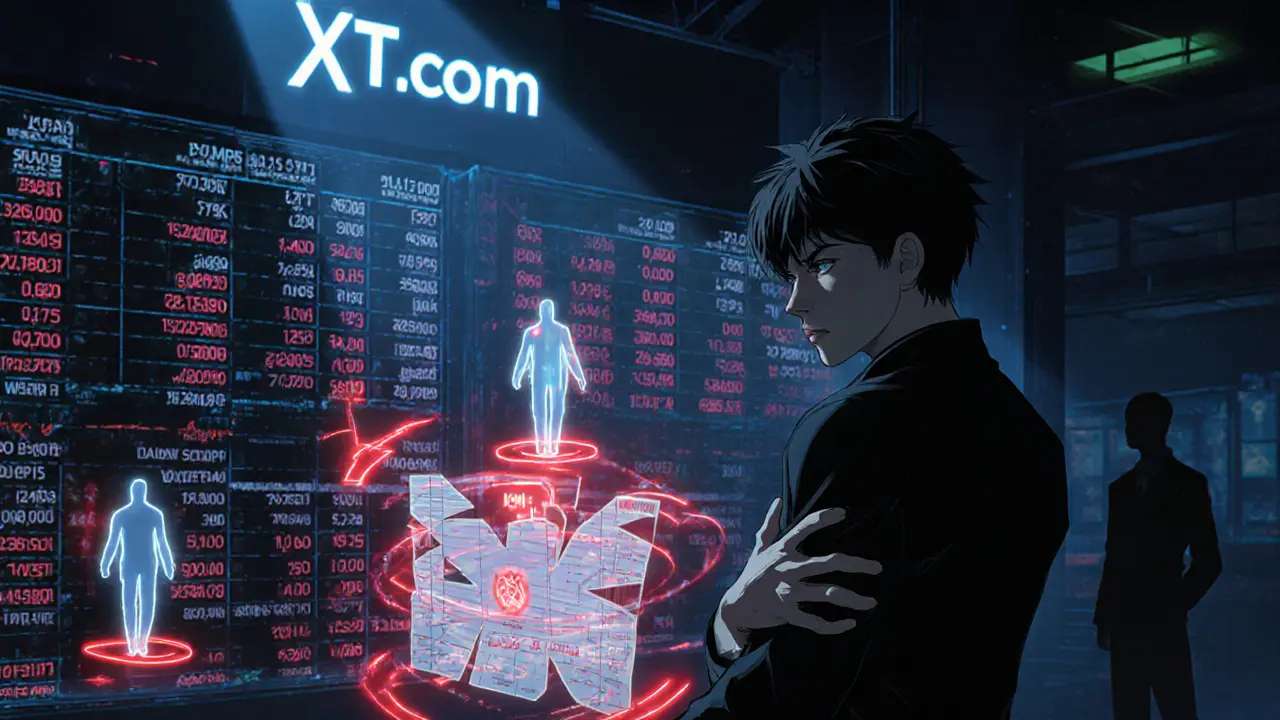 Scène sombre d&#039;échange XT.com avec graphiques erratiques et symboles d&#039;alerte rouges.