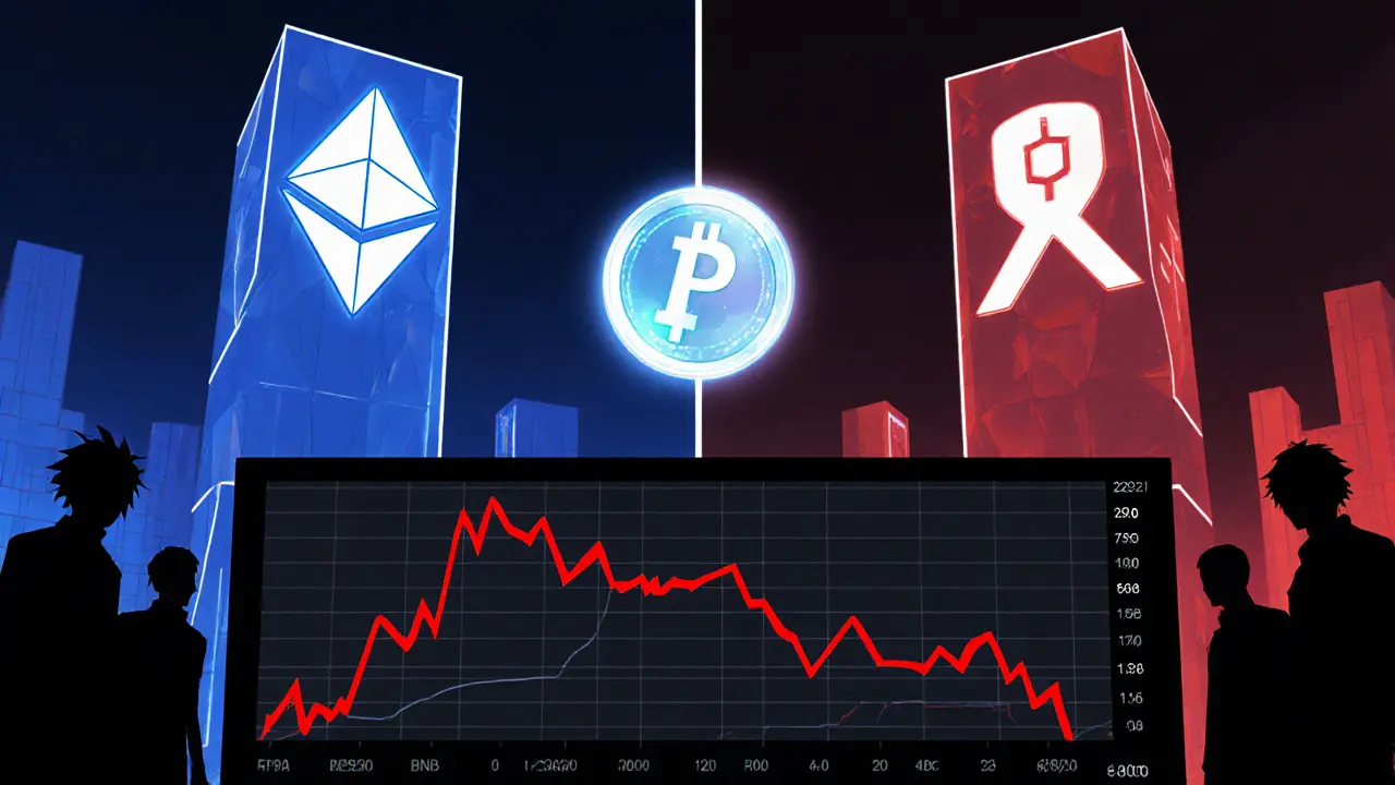 Token Pexcoin flottant entre deux chaînes, avec graphiques de volume nul et tendance baissière.