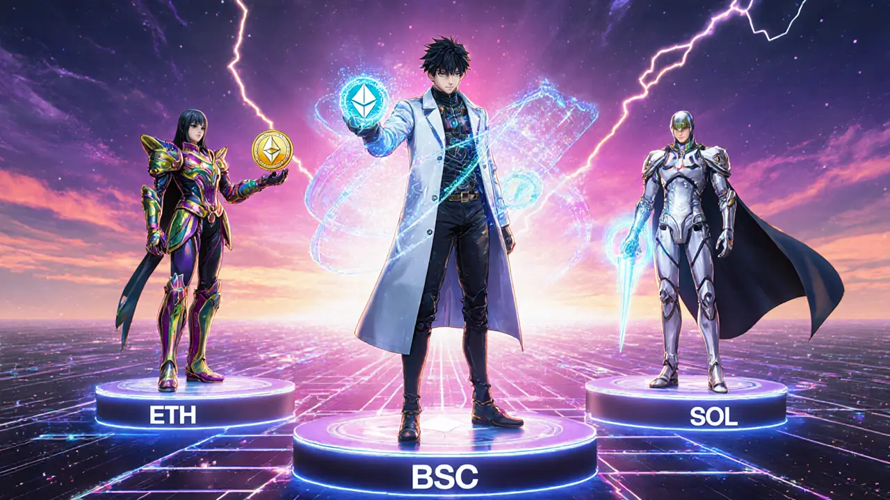Trois personnages représentent les versions JOJO sur Ethereum, BSC et Solana.