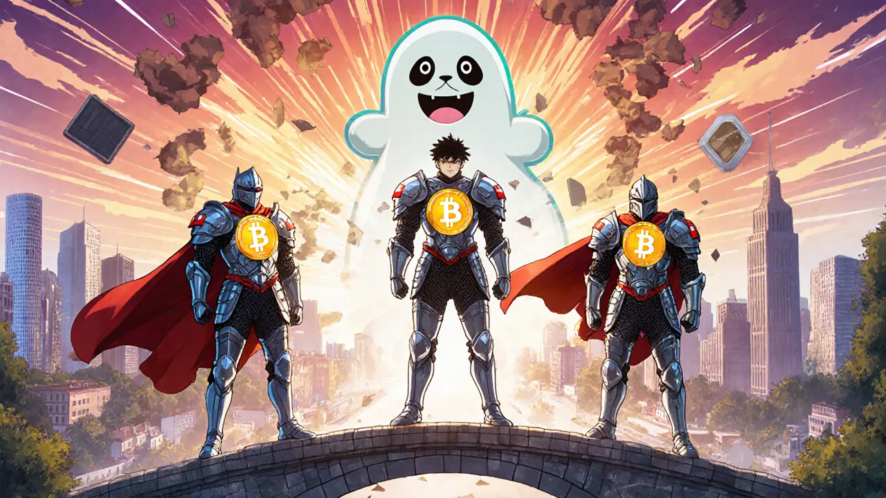 Trois plateformes régulées suisses en armure, détruisant l'ombre d'Antares sous un soleil levant.