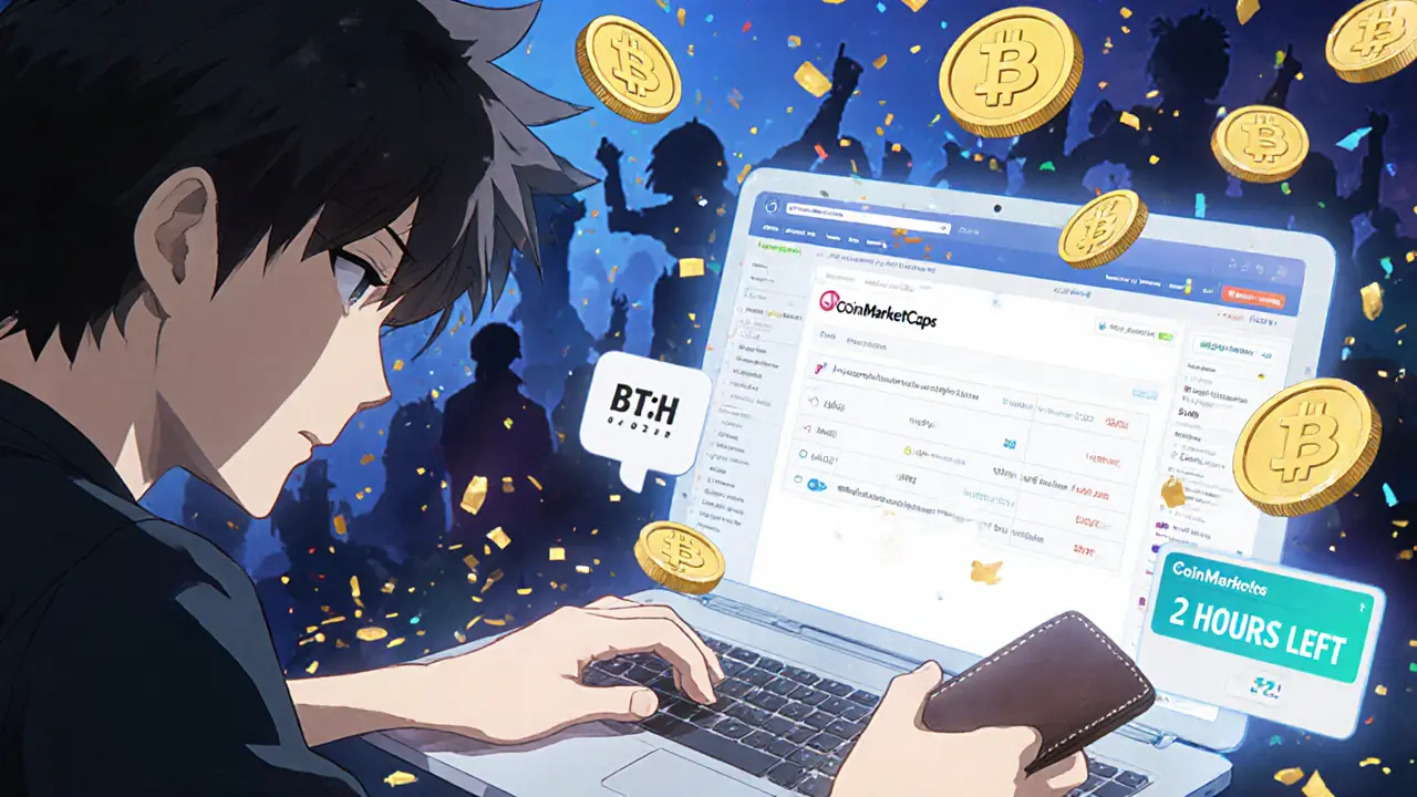 Un adolescent participe à un quiz sur CoinMarketCap tandis que des tokens BTH tombent comme des confettis.