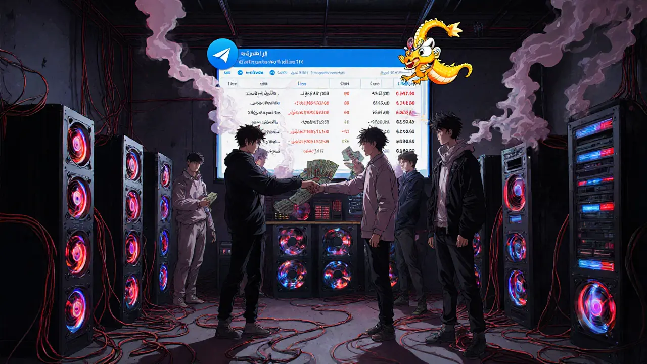 Un marché cryptographique clandestin dans un garage iranien, avec des GPU allumés et des personnes échangeant des cryptomonnaies via Telegram.