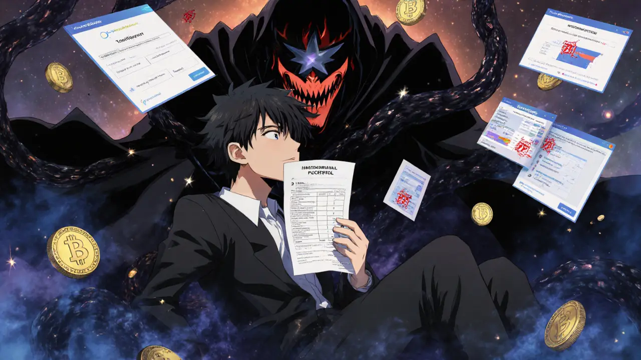 Un villain masqué en forme d'étoile trompe un jeune utilisateur avec des fausses promesses crypto.