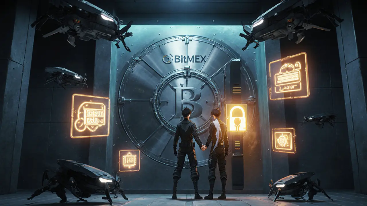 Vault futuriste montrant sécurité BitMEX avec biométrie, clés multi‑signatures et drones.