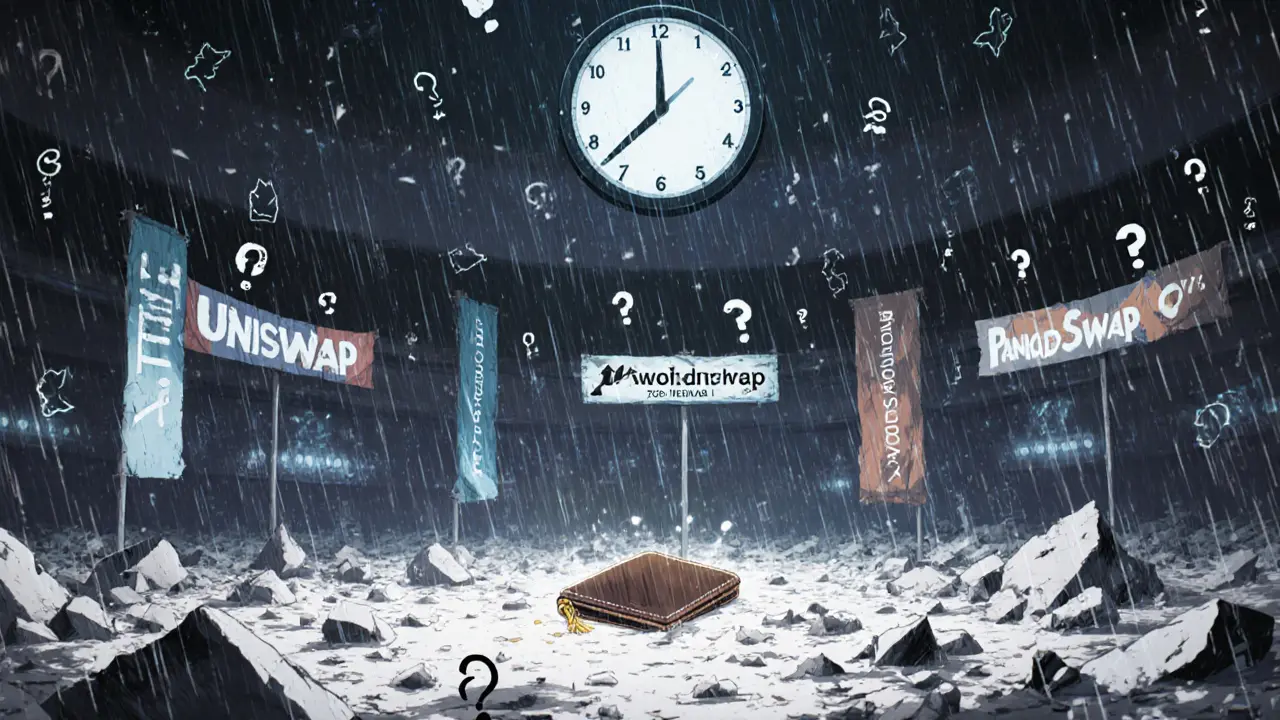 Arène numérique abandonnée où seul un petit signe WardenSwap brille faiblement.