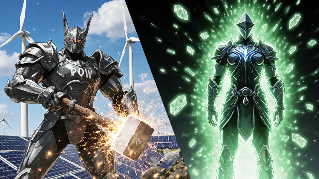 Bataille anime entre un mineur PoW destructeur et un guerrier PoS apaisé, symbolisant la lutte entre consommation et efficacité énergétique.