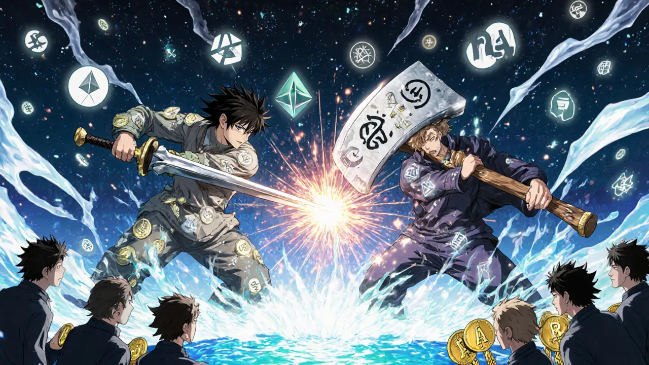 Bataille épique entre deux guerriers numériques représentant BaseSwap et Uniswap, sur un registre de transactions géant.