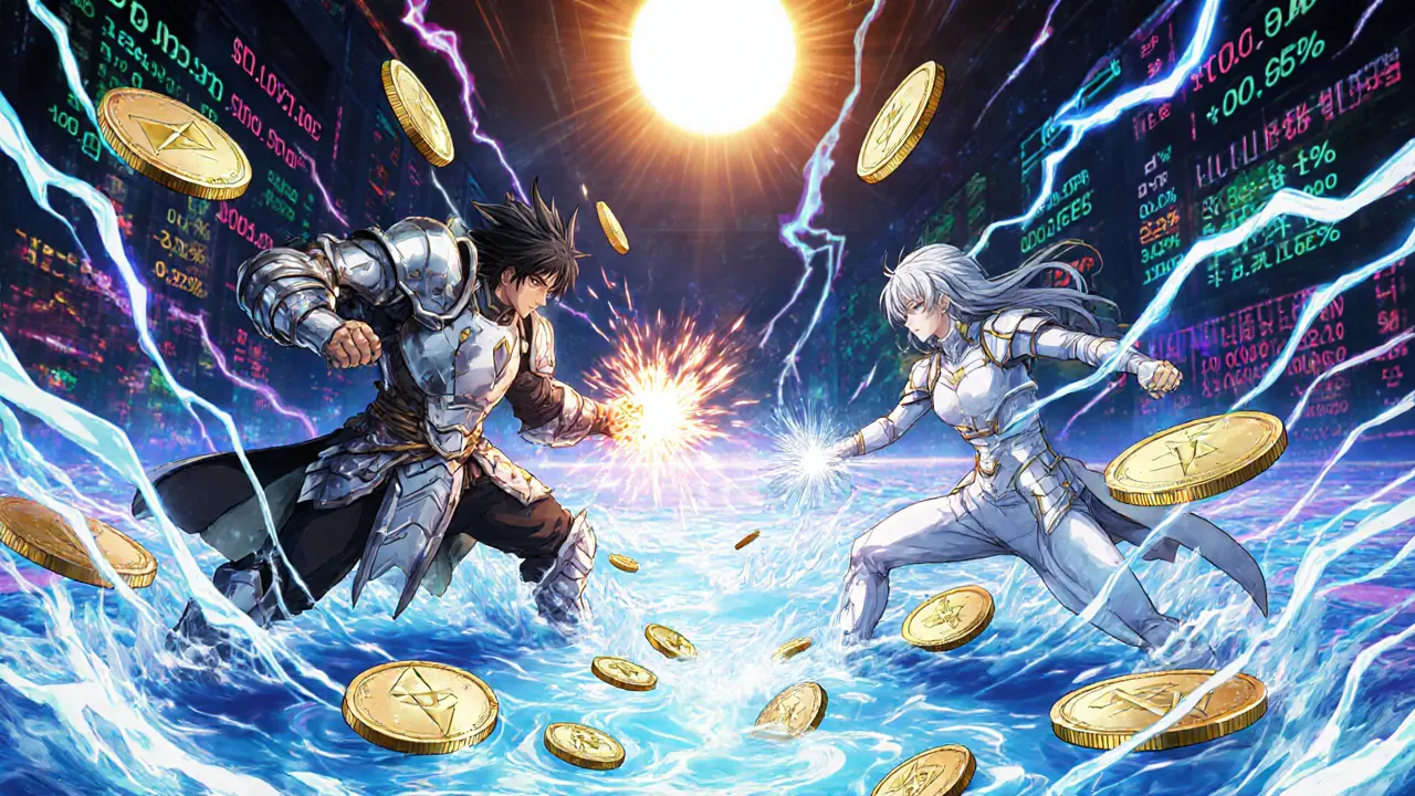 Bataille épique entre deux guerriers numériques représentant Ethereum et Celo pour le contrôle des stablecoins.