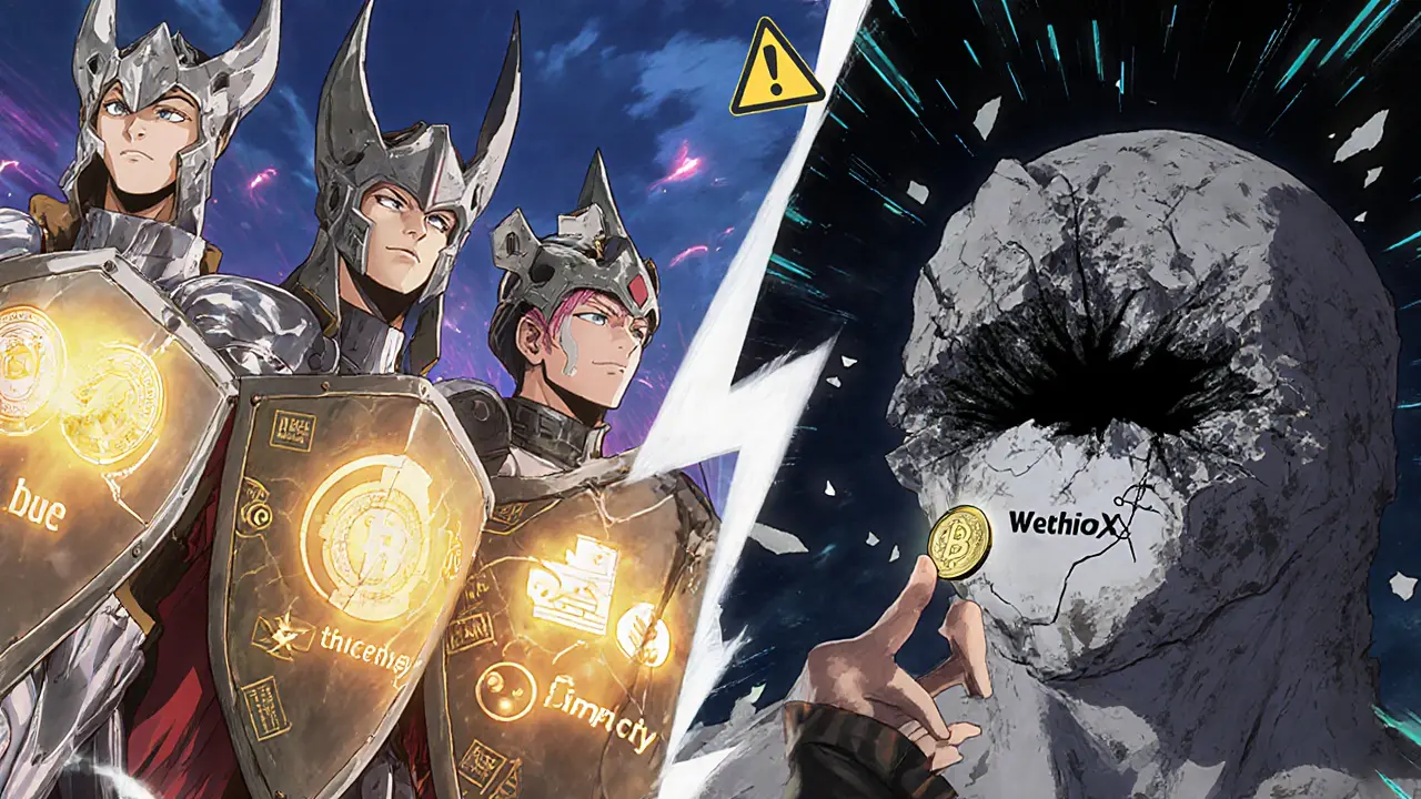 Comparaison anime : des échanges sécurisés en armure contre WethioX sous forme de statue effondrée.