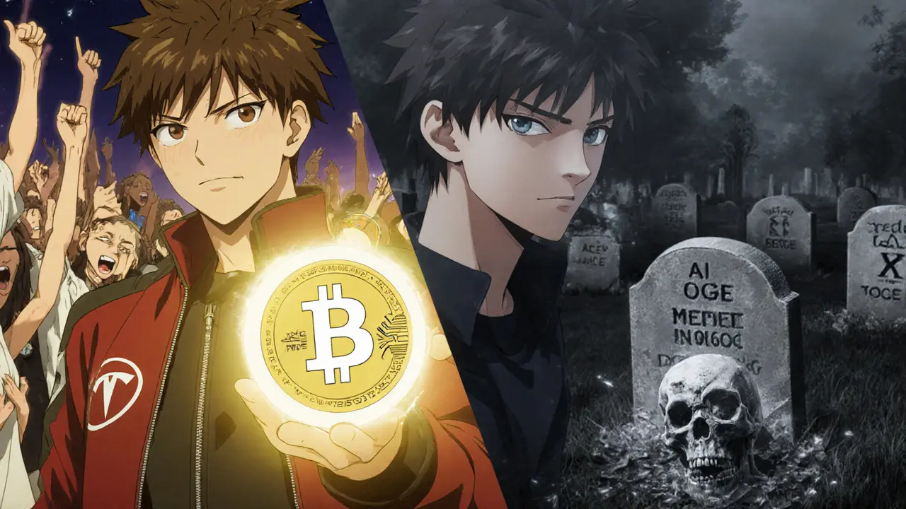 Contraste entre Dogecoin réel en lumière dorée et le jeton DOGE Grok Companion en cendres dans un cimetière de memes morts.