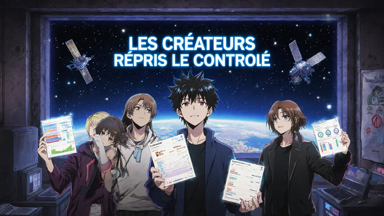 Des artistes indépendants observent des tableaux de bord en hologramme affichant leurs revenus en temps réel dans un studio futuriste.