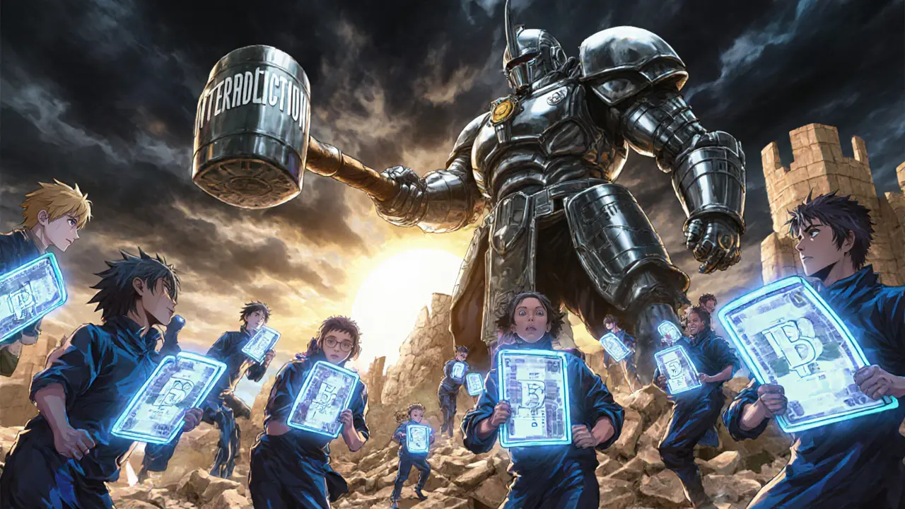Des citoyens ordinaires luttent contre une entité géante représentant la banque centrale, utilisant des portefeuilles crypto comme boucliers.