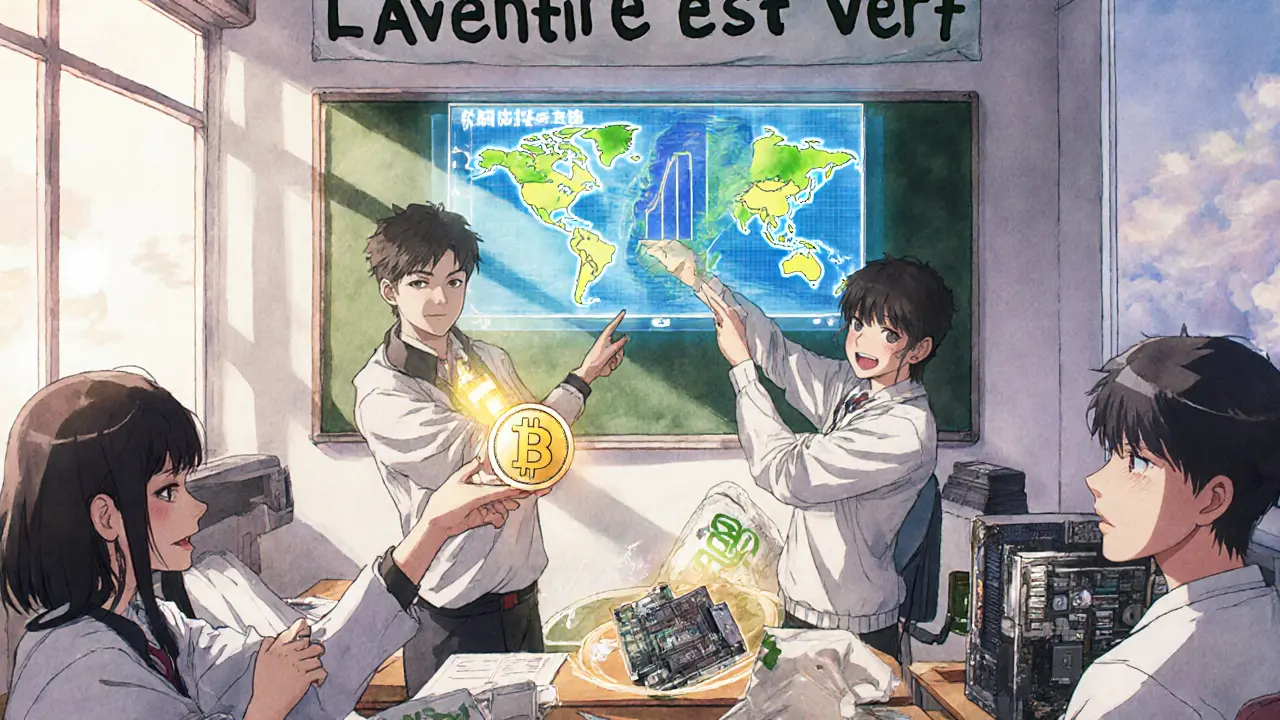 Des élèves dans une classe futuriste observent un graphique montrant la consommation d&#039;énergie de Bitcoin, tandis qu&#039;ils rejettent des équipements obsolètes.