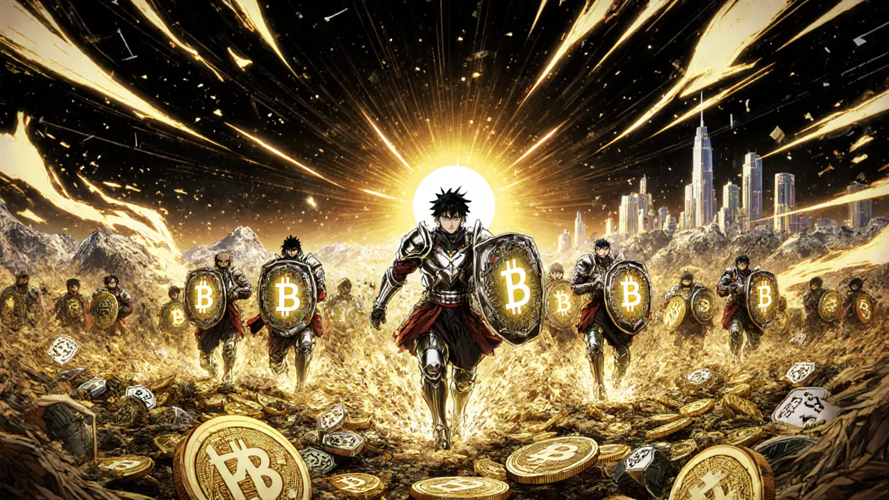 Des guerriers Taproot Assets écrasent des jetons falsifiés sur un champ de bataille blockchain.