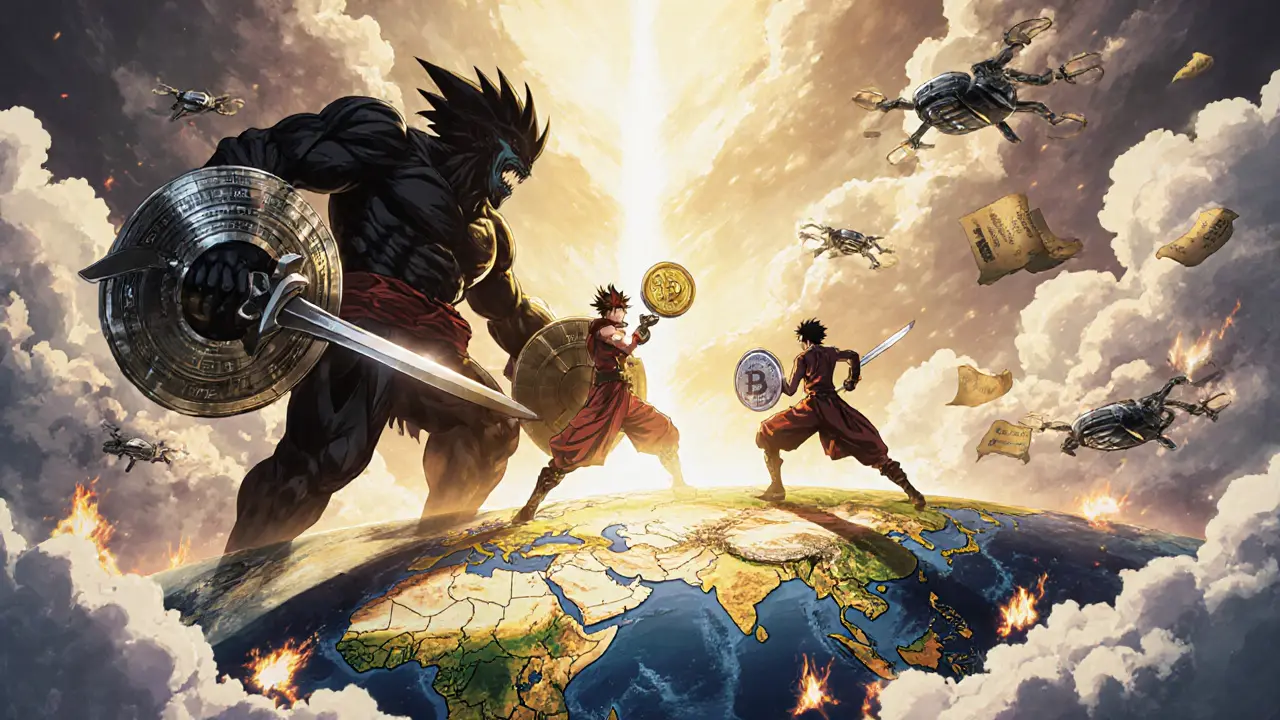 Des héros combattent des géants bancaires sur une forteresse blockchain, symbolisant la lutte pour la liberté financière mondiale.