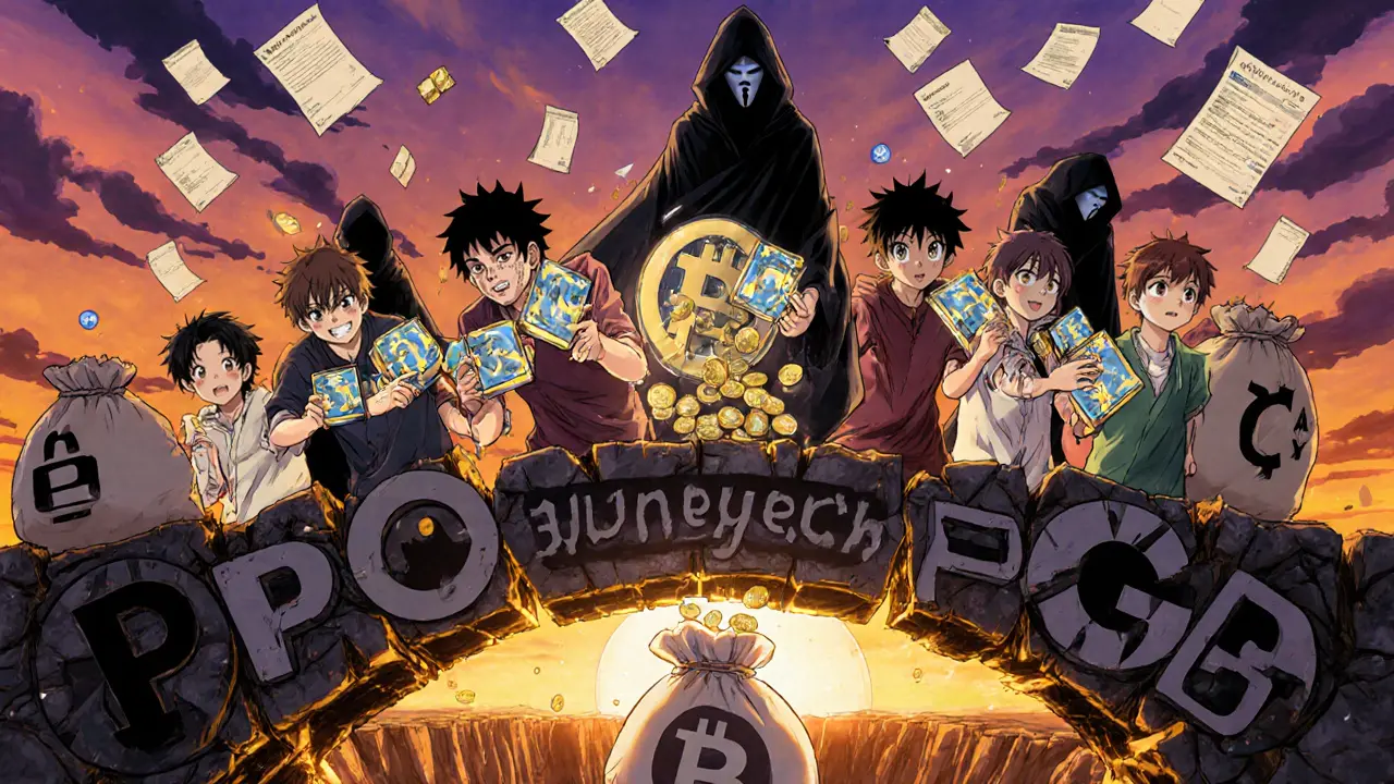 Des investisseurs naïfs regardent des développeurs masqués jeter des jetons dans un puits sans fond.