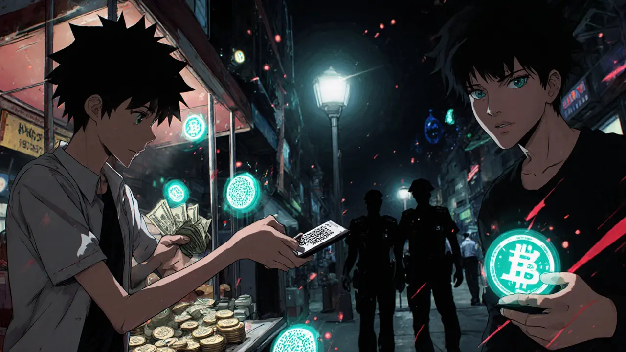 Des jeunes échangent des espèces contre des crypto dans un marché nocturne d&#039;Alexandrie, sous le regard des policiers.