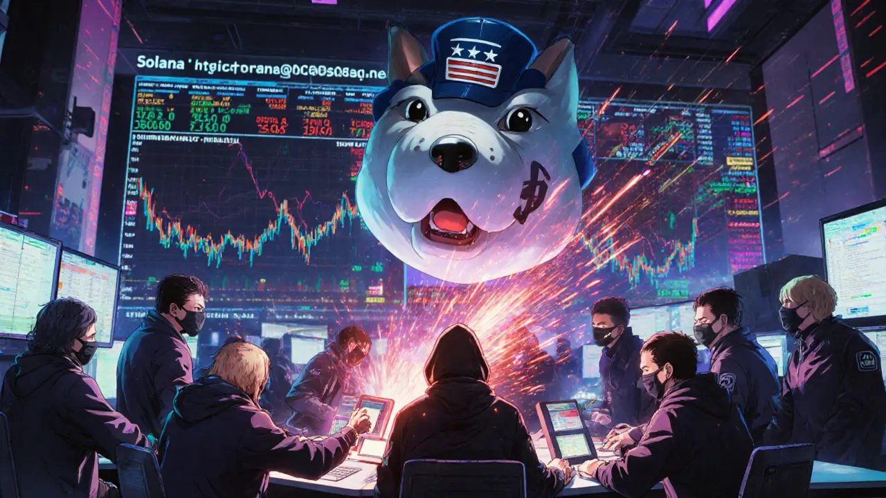 Des traders dans une ville cybernétique face à un chien MAGA flottant, leurs portefeuilles disparaissent en étincelles rouges.