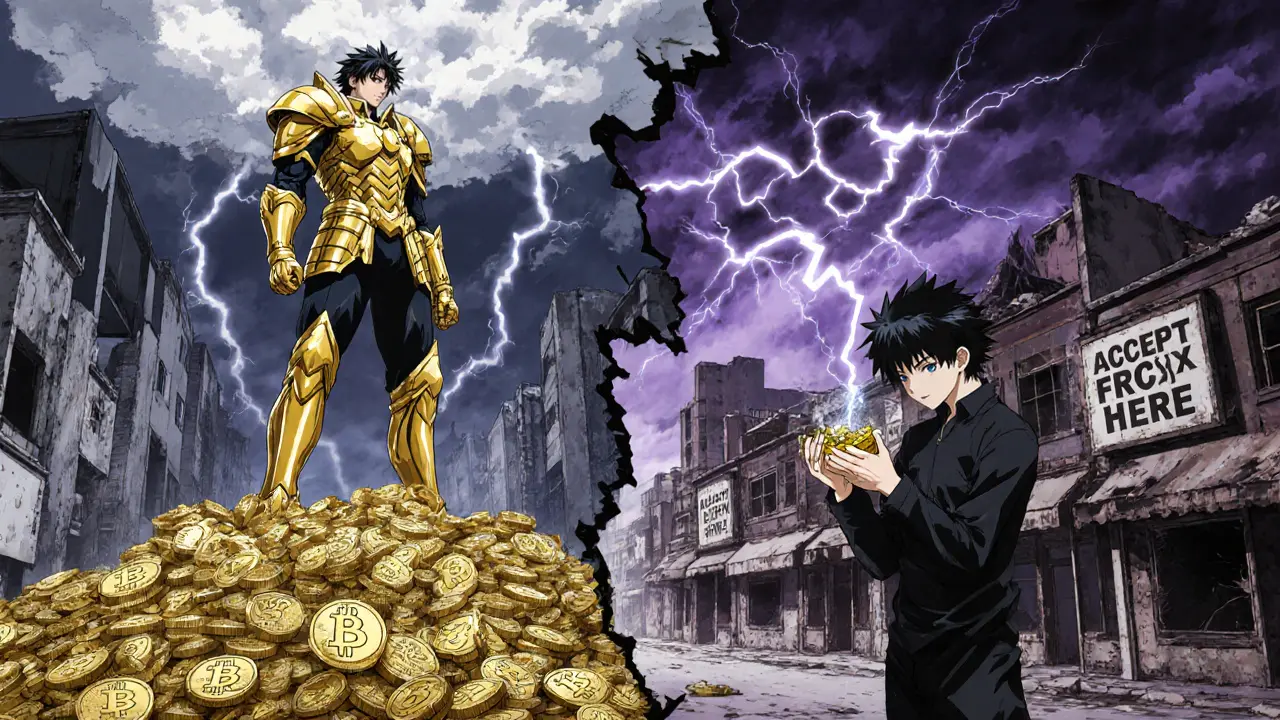 Deux personnages opposés : un mineur Bitcoin puissant et un détenteur FRC désespéré dans une ville morte.