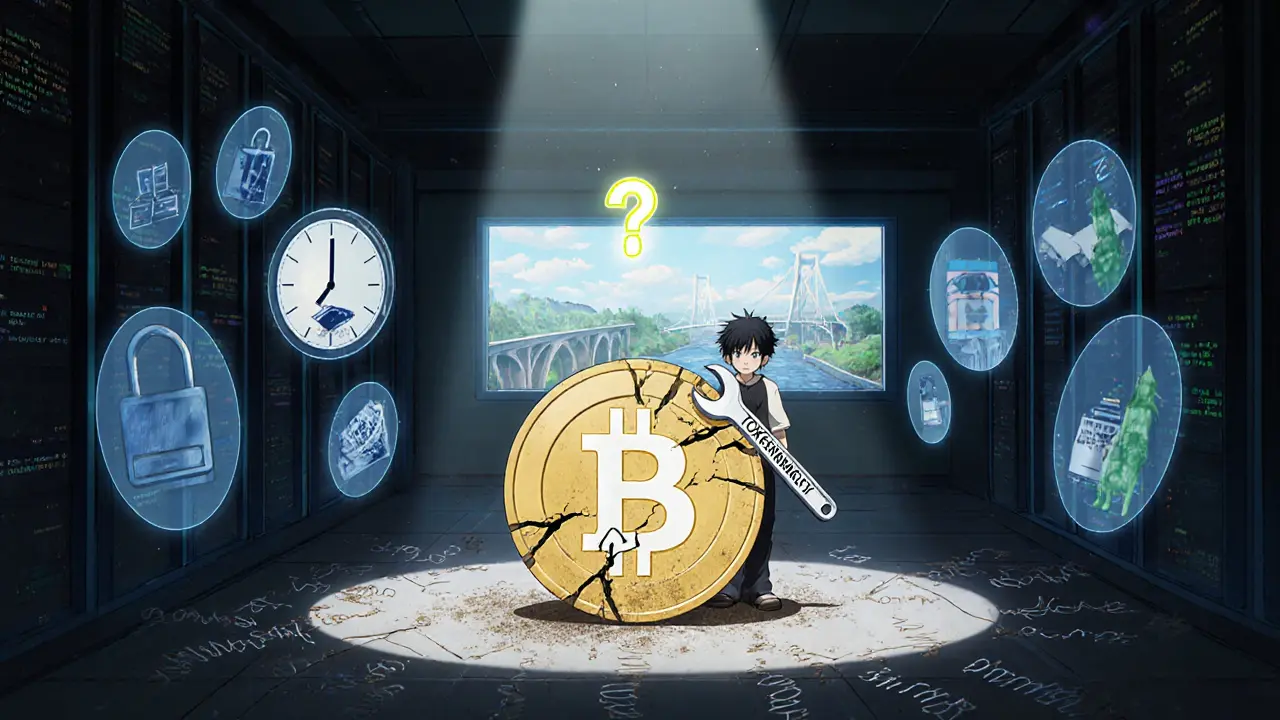 Développeur face à un jeton BSWAP verrouillé et fissuré, entouré de hologrammes du réseau Base et d&#039;une horloge vers fin 2025.