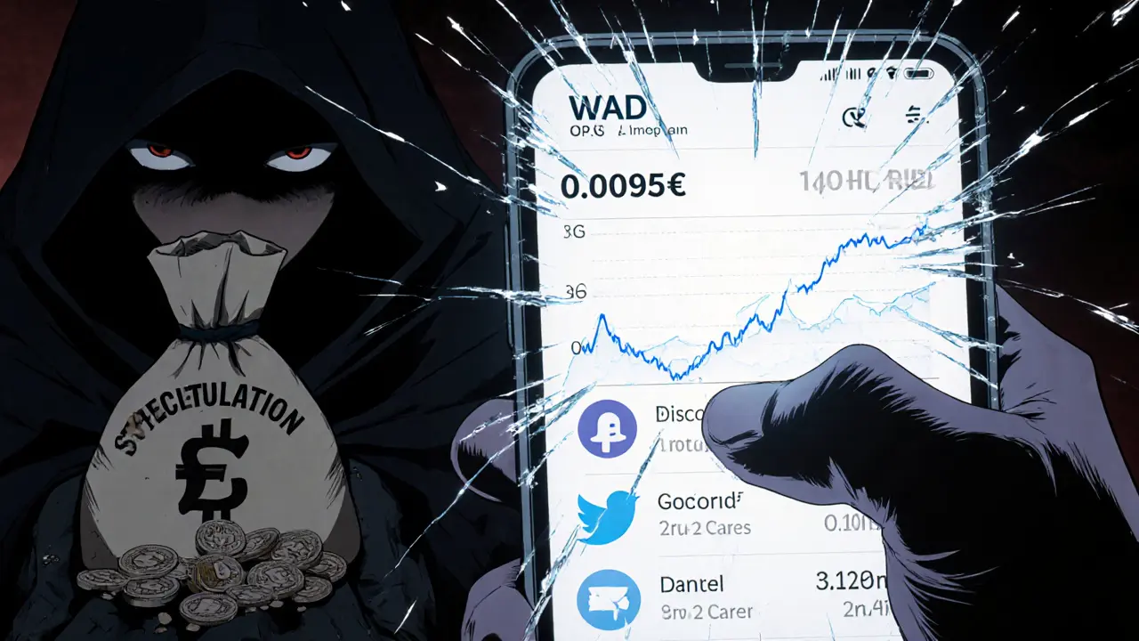 Écran de téléphone affichant une courbe de prix WAD presque plate, avec des réseaux sociaux en ruines.